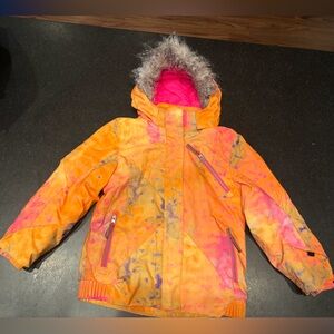 Girls Orange and Pink ski snowboard Spyder Jacket Sz 7 removable hood